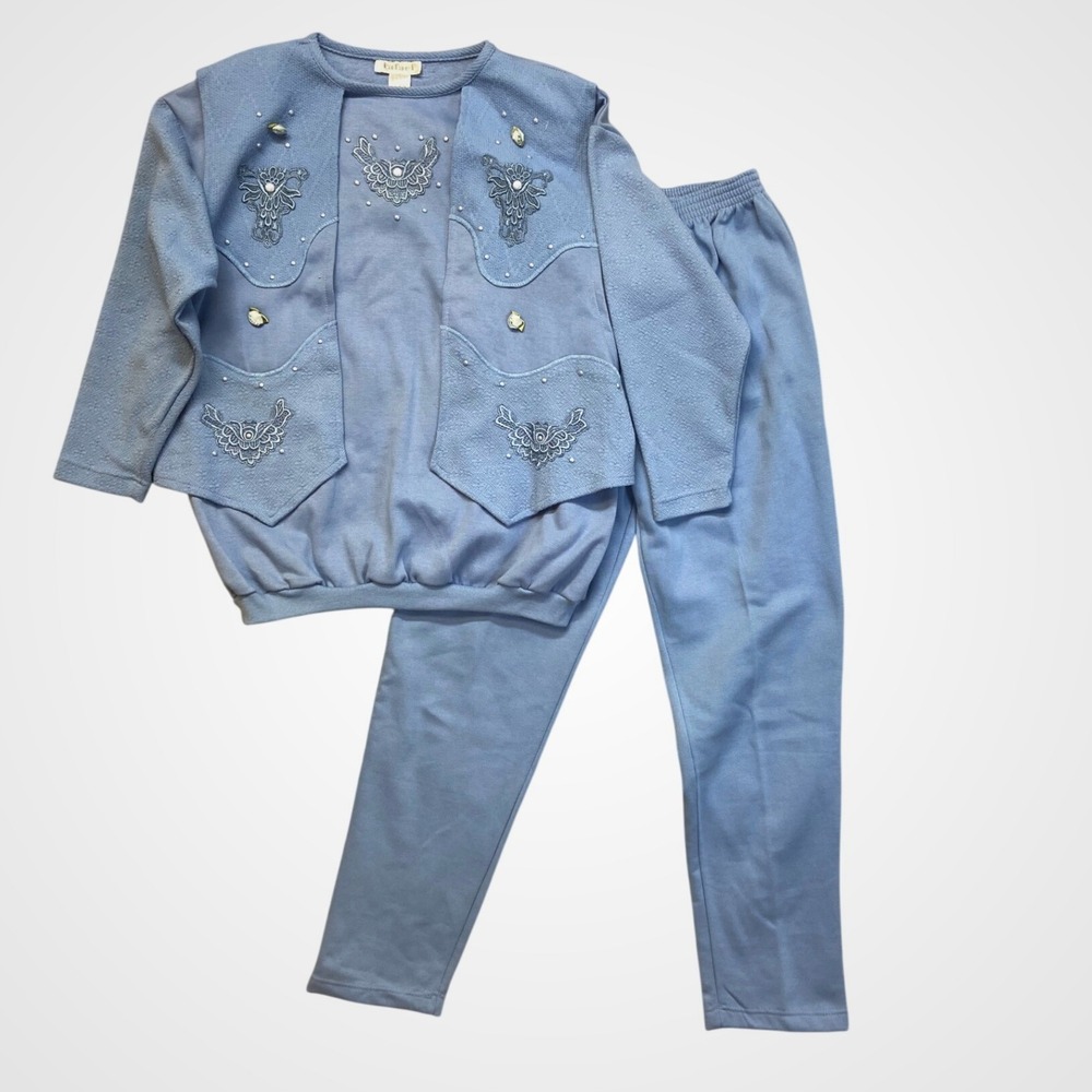 Rafael 2 Piece Pant Set Women's Large Blue Pearl Embellished Fleece Loungewear